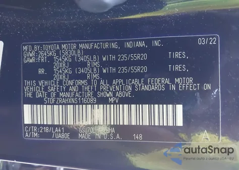 2022 Toyota Highlander Platinum из США, поврежденный, VIN 5TDFZRAHXNS116089